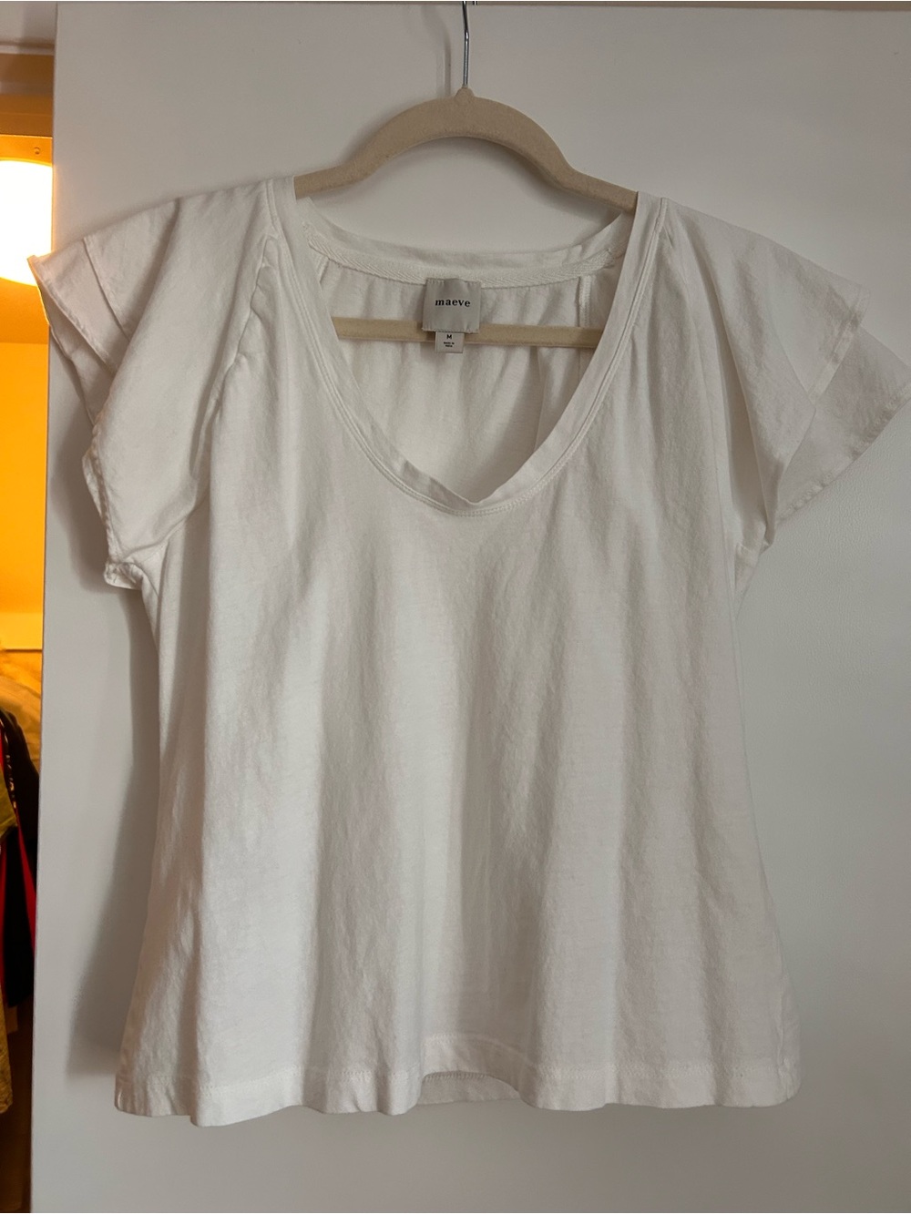 Maeve 100% Cotton White V-Neck Flutter Sleeve Top